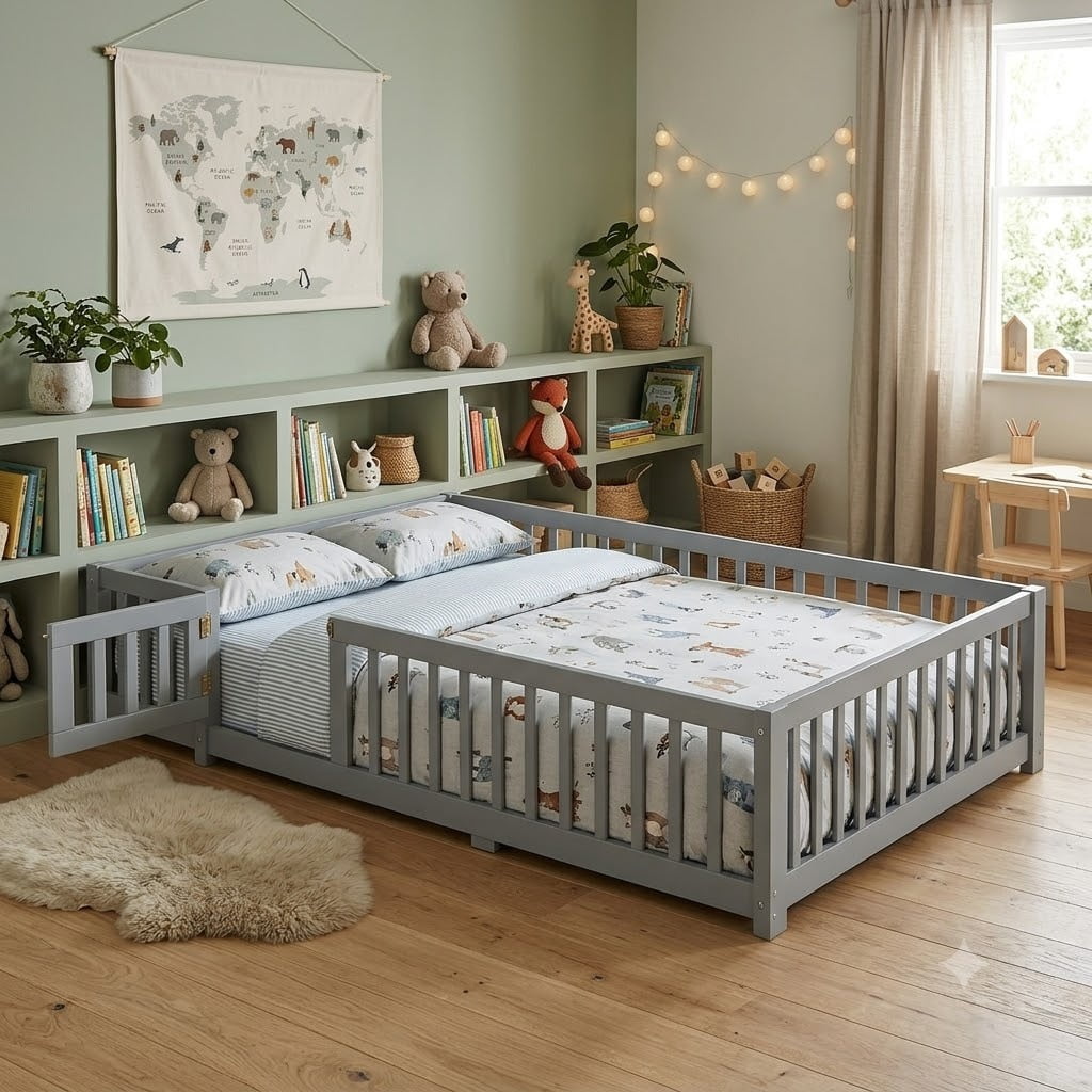 Full Size Floor Bed with Door and Support Slats, Wood Kids Floor Bed with Full-length Guardrails, Montessori Bed Frame Toddler Bed for Kids, No Box Spring Needed Design