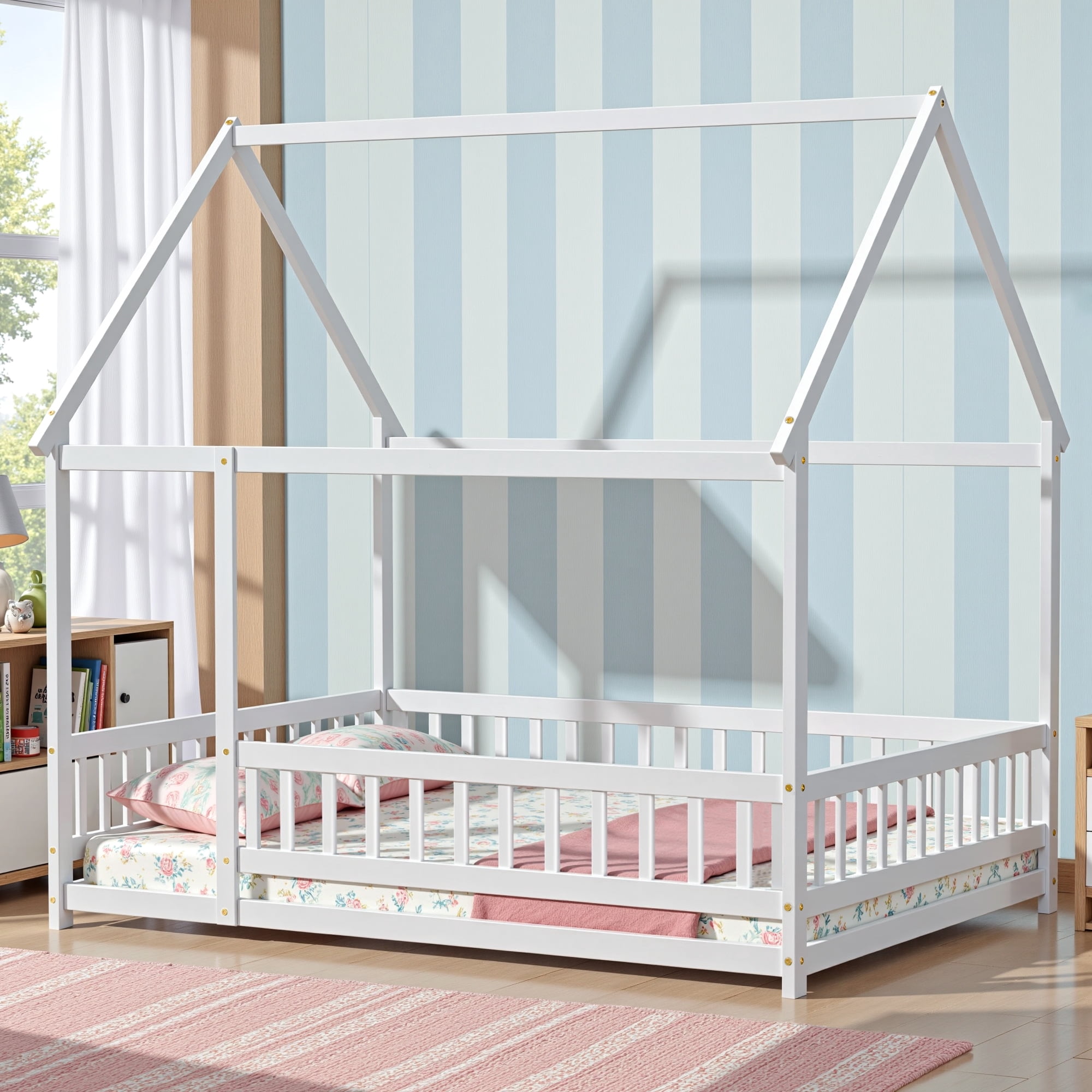 Full Size Floor Bed with Fence Guardrails for Kids, Montessori Bed Playhouse Bed with Roof, No Slats Included (White)