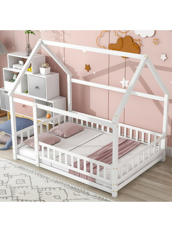 Full Size Floor Bed with Fence Guardrails for Kids, Montessori Bed Playhouse Bed with Roof, Full Platform Bed Frame for Children Teens Bedroom, No Slats Included (White, Full Size)
