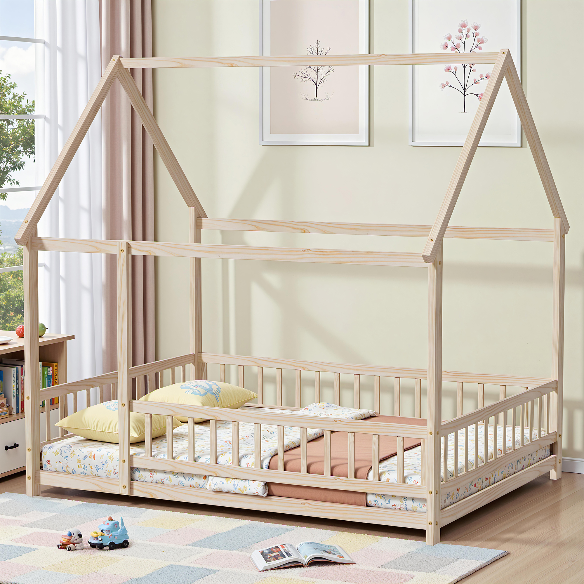 Full Size Floor Bed with Fence for Kids and Toddlers, Montessori Bed Playhouse Bed with Roof, Solid Wood Platform Bed Frame for Boys and Girls Bedroom, No Slats Included (Natural)