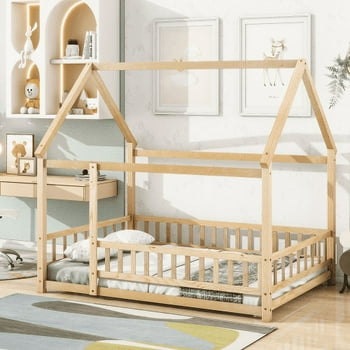 Full Size Floor Bed with Fence for Kids and Toddlers, Montessori Bed Playhouse Bed with Roof, Solid Wood Platform Bed Frame for Boys and Girls Bedroom, No Slats Included (Natural, Full Size)