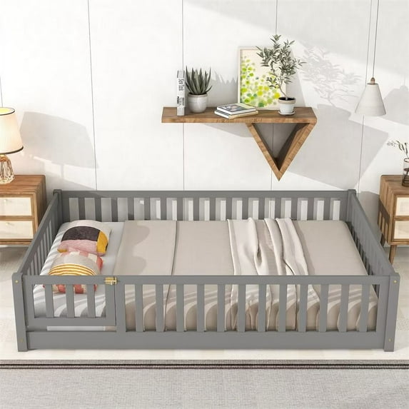 Full Size Floor Bed with Fence-Shaped Guardrails and Door, Wooden Platform Bed Frame with Slat Support, Montessori Bed Frame for Kids, Boys, Girls, Grey