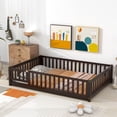 thumbnail image 1 of Full Size Floor Bed Frame for Kids Toddlers, Wooden Montessori Bed with 7 Wood Slats, Fence-Shaped Guardrails and Door for Boys Girls Bedroom Playroom, No Box Spring Needed, Espresso, 1 of 7