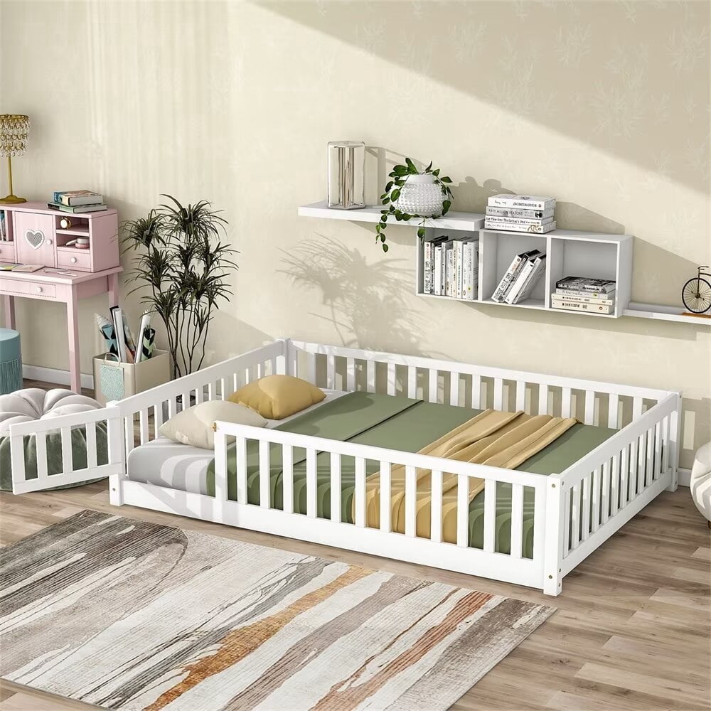 Full Size Floor Bed Frame, Wooden Montessori Bed with 7 Wood Slats, Fence-Shaped Guardrails and Door, No Box Spring Needed, White