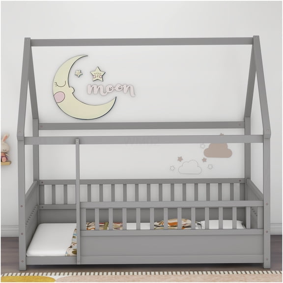 Full Size Floor Bed Frame with Roof Fence Guardrails, Low Profile Platform Bed Frame with 3-Side Rails, Solid Pine Wood Construction, Gray Finish