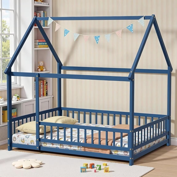 Full Size Floor Bed Frame with Roof Fence, Wooden Montessori House Bed for Boys Girls, Without Slats, Blue Mist