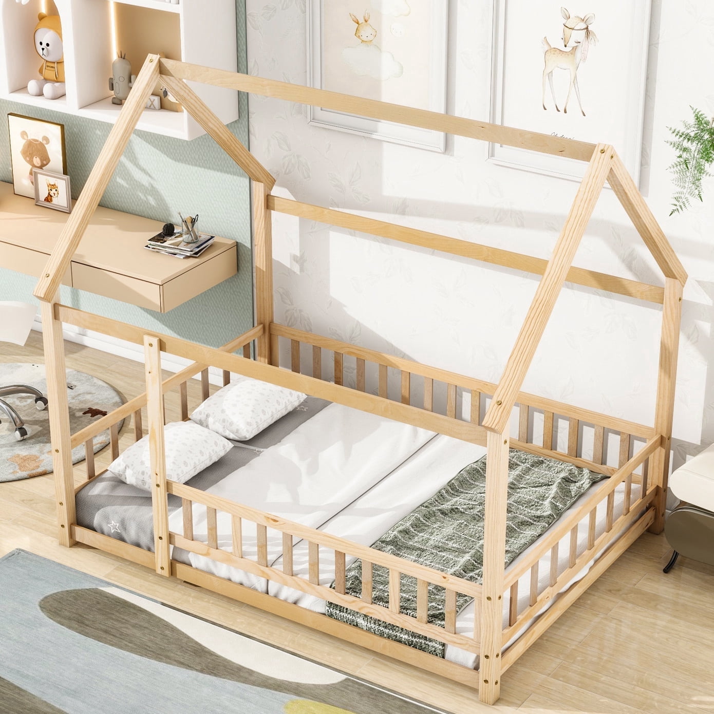 Full Size Floor Bed Frame with Roof, Wooden Montessori Bed with Fence Guardrails, No Slats Included, Natural