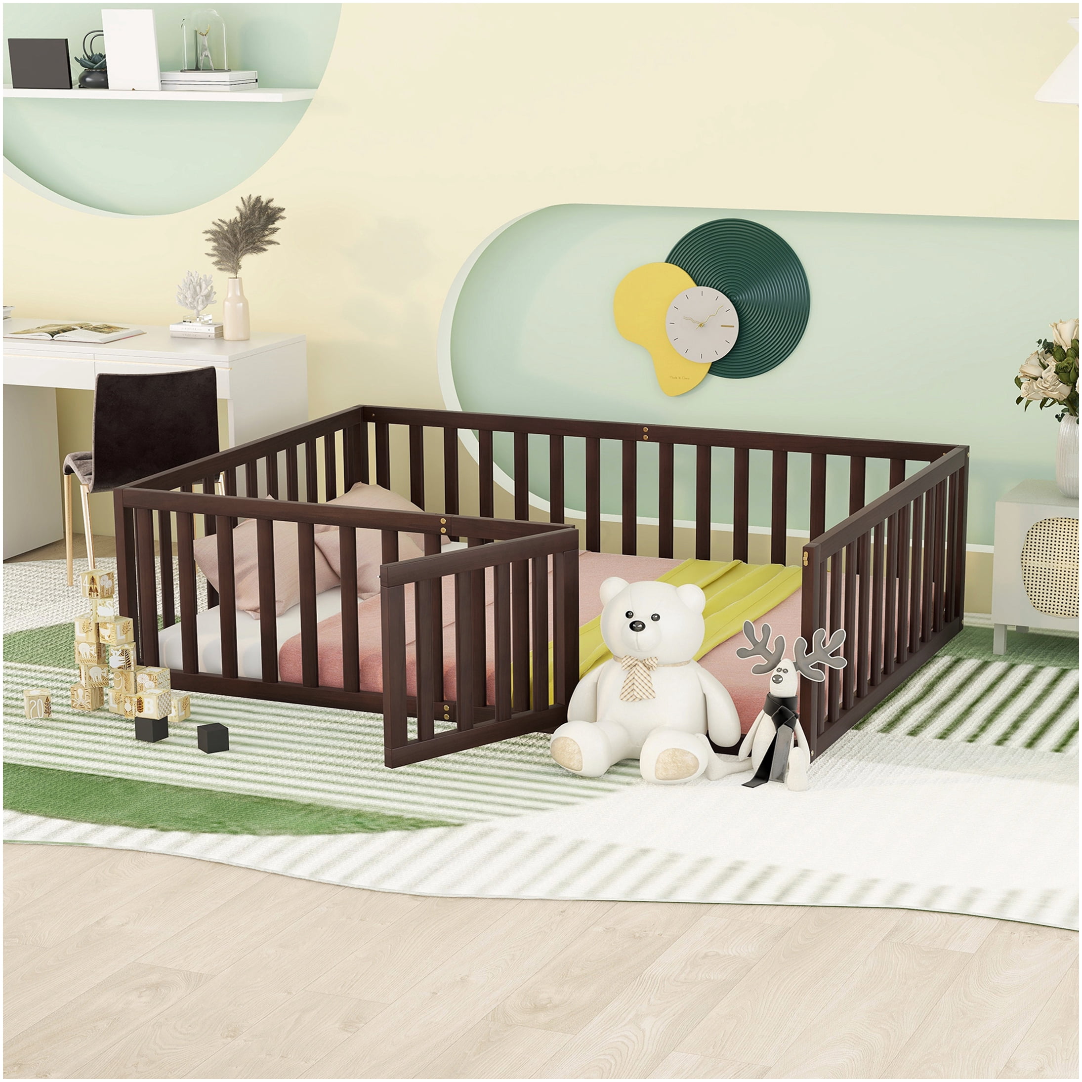 Full Size Floor Bed Frame with Safety Gate, Low Profile Platform Bed with Fence, Solid Pine Wood, Walnut Finish