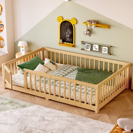 Full Size Floor Bed Frame with Safety Guardrails, Wood Montessori Floor Bed with Convertible Door for Girls and Boys, Easy Assemble
