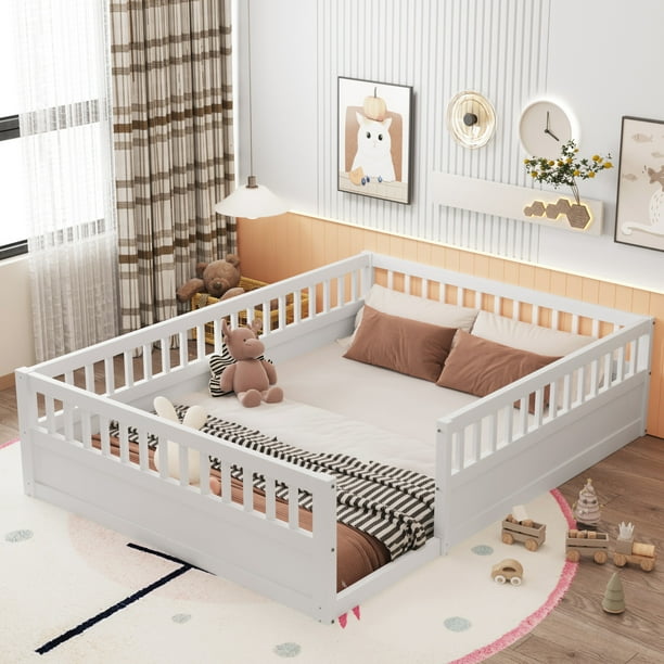 Full Size Floor Bed Frame with Safety Guardrails for Girls Boys Wood Kids Floor Beds Frame for Bedroom and Playroom White