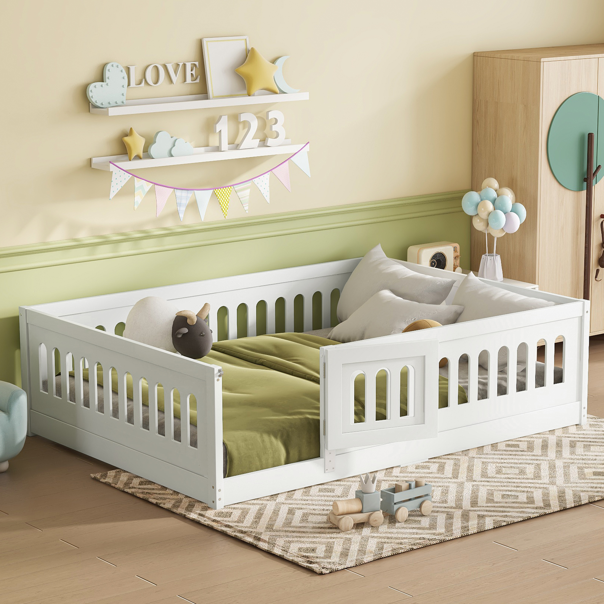 Full Size Floor Bed with Heightened Safety Guardrails and Door, Solid ...