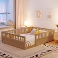 thumbnail image 1 of Full Size Floor Bed with High Fence, Full Size Bed Frame with Low to Ground Design, Playhouse Bed with Solid Wood Frame, No Box Spring Needed, for Bedroom, Playroom, Dorm, Natural, 1 of 9
