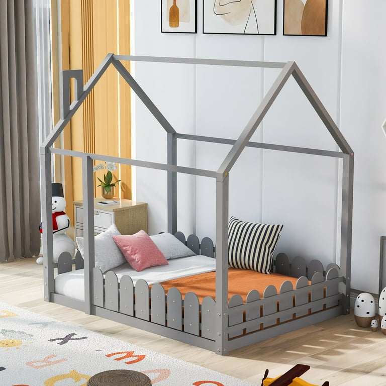 Full Size Floor Bed House Bed Frame with Fence Roof Cabin Bed Semi Enclosed Play House Bed Play Tent for Teens Girls Boys Without Slats Box Spring Need Walmart