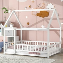 Full Size Floor Bed with House Roof Frame, Platform Bed Frame with Fence-Shaped Guardrails and Door Playhouse Montessori Bed Frame for Boys and Girls, White