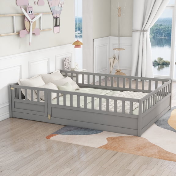 Full Size Floor Bed, Integral Construction with Super High Security Barrier, Door, Children's Floor Bed Frame, Montessori Wooden Children's Floor Bed, Support Slat, Gray
