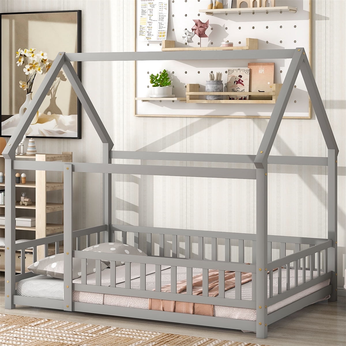 Full Size Floor Bed Frame, Wood House Bed with Fence Gaild Rails and Roof Design, Gray