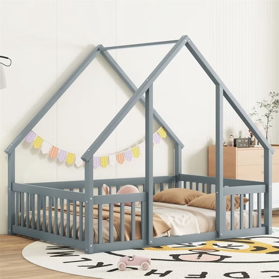 Full Size Floor Bed for Kids Toddlers, Wooden Montessori Bed Frame with Roof and Fence Guardrails, Playhouse Bed Tent Bed for Boys Girls Bedroom, Easy Assembly, Grey