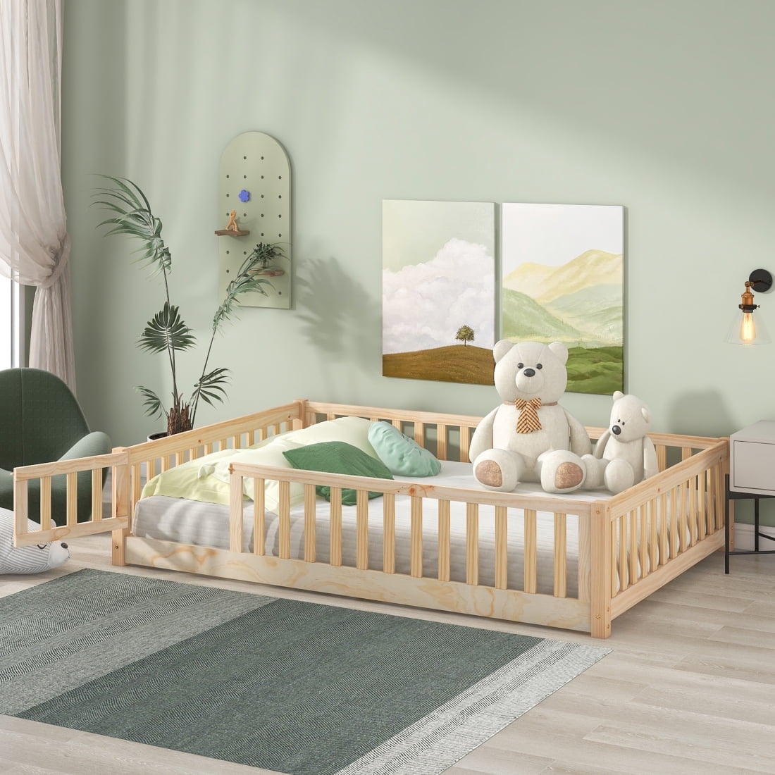 Full Size Floor Bed, Wood Platform Bed with Fence and Door, Montessori Bed Frame with Slats Support, Playhouse Bed with Door Design, Natural