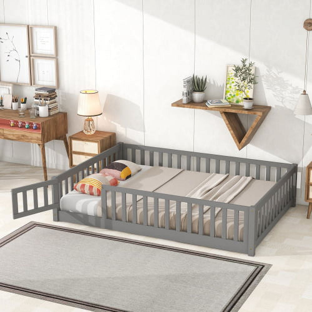 Full Size Floor Bed, Wooden Full Bed Frame with Fence Guardrails & Support Slats & Revolving Door Design, Grey