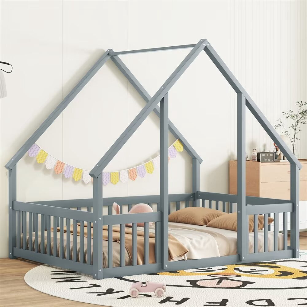 Bellemave Full Size House Floor Bed With Fence & Roof – Montessori Wooden Bed Frame For Kids, Low Height, Playhouse Design (White)