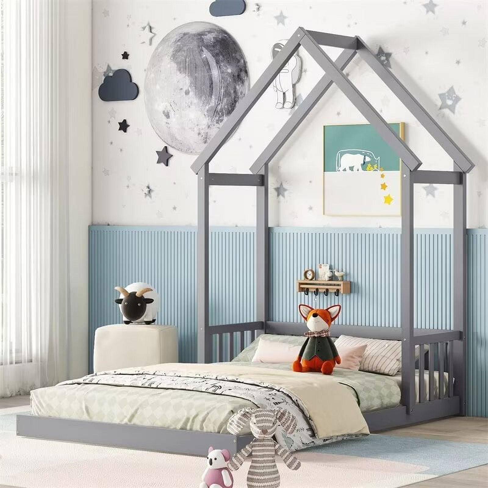 Full Size Floor Bed for Kids Wooden Montessori Bed Frame with Roof framed Headboard and Guardrails for Boys Girls Teen Bedroom Can Be Decorated Grey Without Slats Walmart