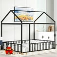 thumbnail image 1 of Full Size Floor Bed, Metal House Bed with Fence, Playhouse Design Montessori Beds Frame, Platform Bed Canopy Bed with Roof, for Girls Boys Bedroom, No Box Spring Needed, Can Be Decorated, Black, 1 of 8