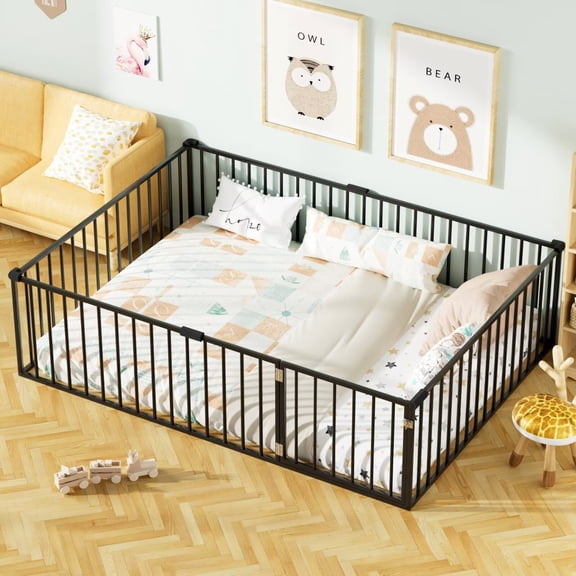 Full Size Floor Bed, Metal Montessori Floor Bed Frame with 20.6" High Full-Length Fence and Door, No Slats Supports, Black