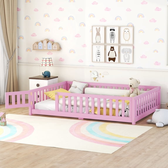 Full Size Floor Bed, Minimalist Rubberwood Floor Bed Frame with with Safety Guardrails and Door, Montessori Bed for Boy & Girl, Pink