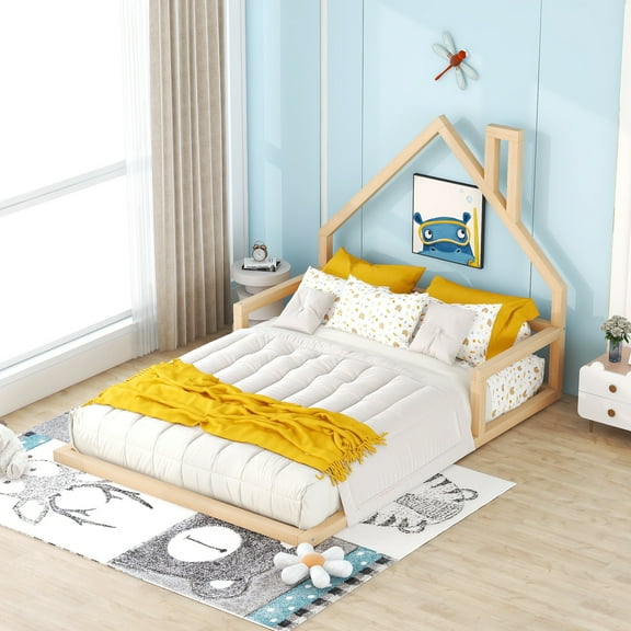 Full Size Floor Bed Modern House-Shaped Headboard Solid Wood Platform Low Profile No Box Spring Needed for Small Bedroom Apartment, Natural