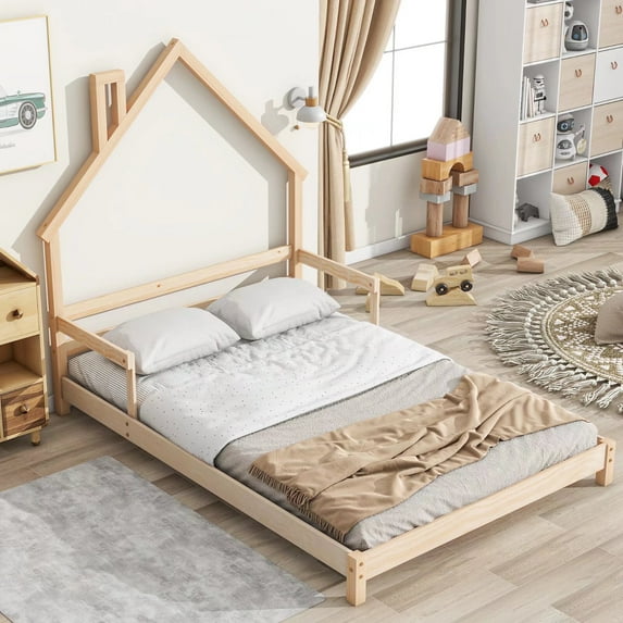 Full Size Floor Bed Montessori Bed Frame with House-Shaped Headboard and Guardrail, Wooden Floor House Bed for Kids Boys Girls, 8 Slats Support, No Spring Box Needed, Natural