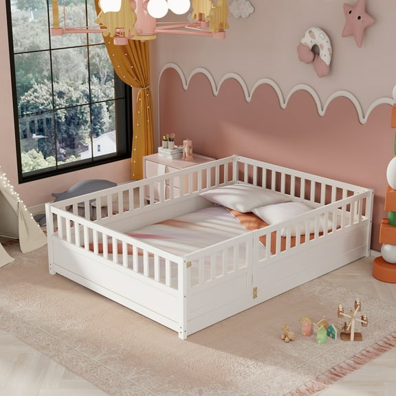 Full Size Floor Bed, Montessori Wooden Floor Bed Frame, Integral Construction with Super High Security Barrier And Door, White