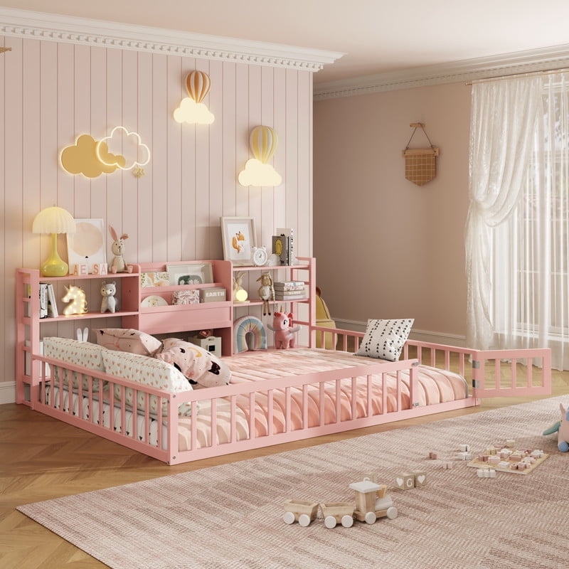 Full Size Floor Bed Platform Bed with Side Bookcase and 3-Tier Storage Shelves, Solid Wood Low Profile Montessori Floor Bed with Safety Guardrails for Kids, Boys, Girls