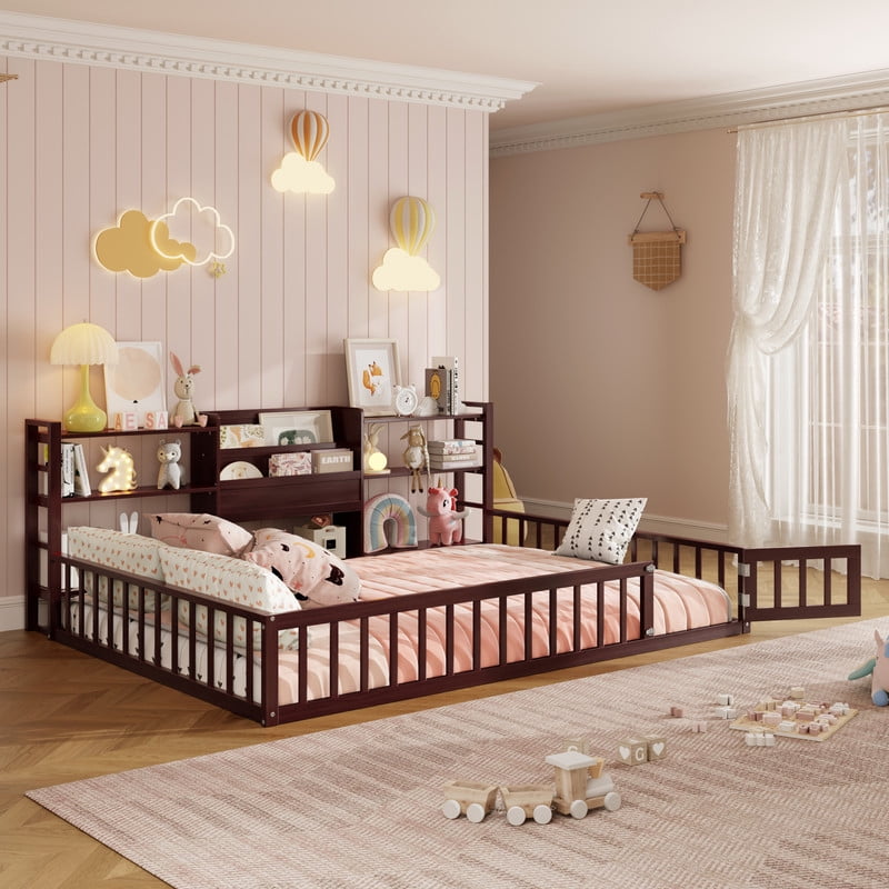 Full Size Floor Bed Platform Bed with Side Bookcase and 3-Tier Storage Shelves, Solid Wood Low Profile Montessori Floor Bed with Safety Guardrails for Kids, Boys, Girls