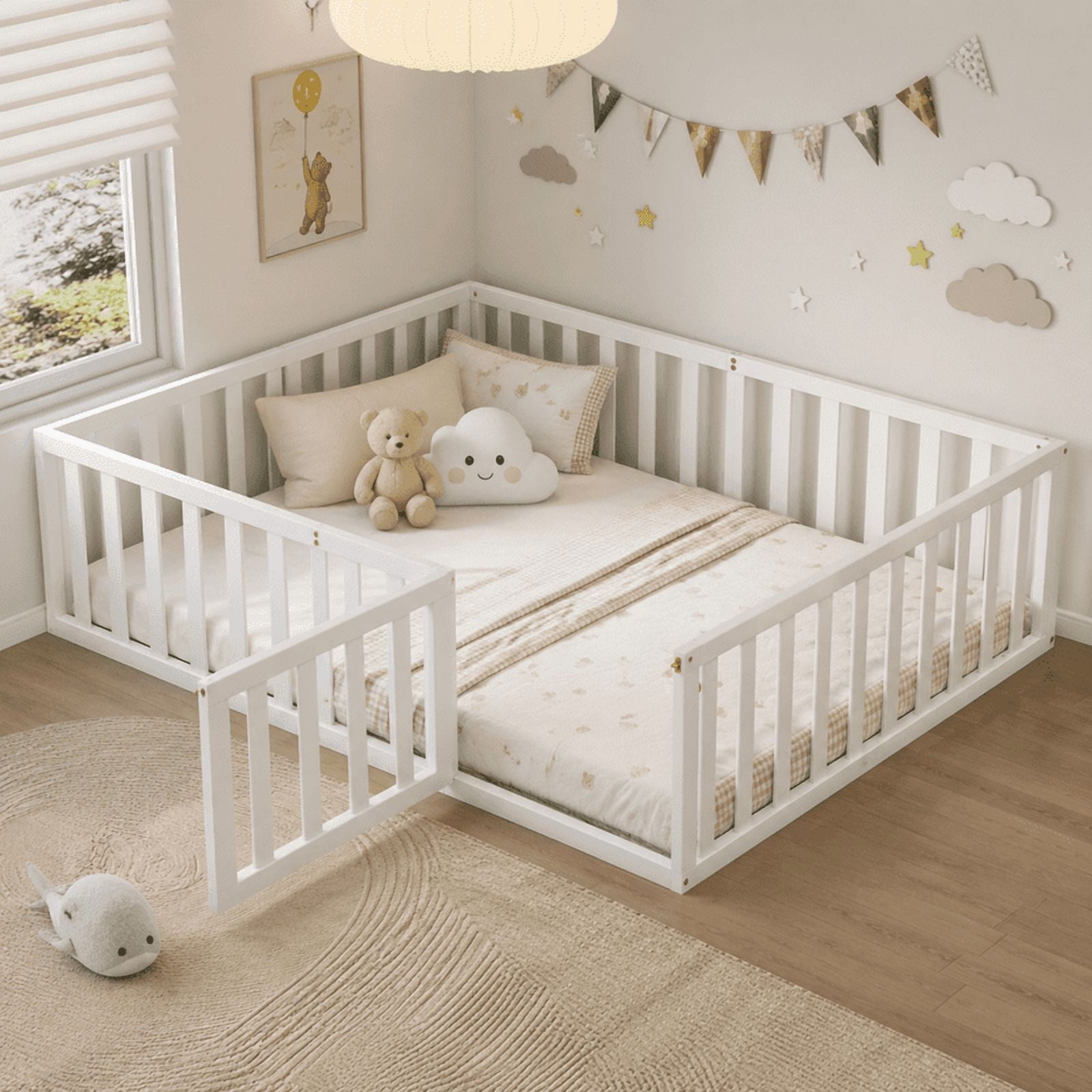 Full Size Floor Bed Platform Bed with Fence and Door, Wooden Montessori Bed Toddler Bed Kids Playhouse Bed with Guardrails for Boys Girls, No Slats