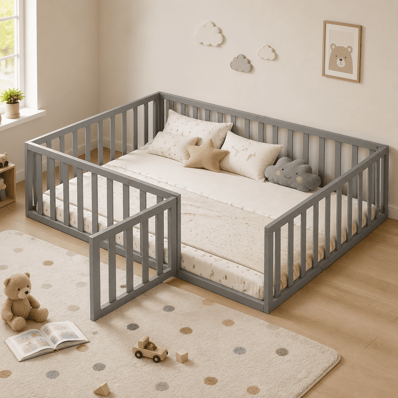 Full Size Floor Bed Platform Bed with Fence and Door, Wooden Montessori Bed Toddler Bed Kids Playhouse Bed with Guardrails for Boys Girls, No Slats