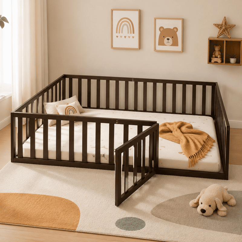 Full Size Floor Bed Platform Bed with Fence and Door, Wooden Montessori Bed Toddler Bed Kids Playhouse Bed with Guardrails for Boys Girls, No Slats