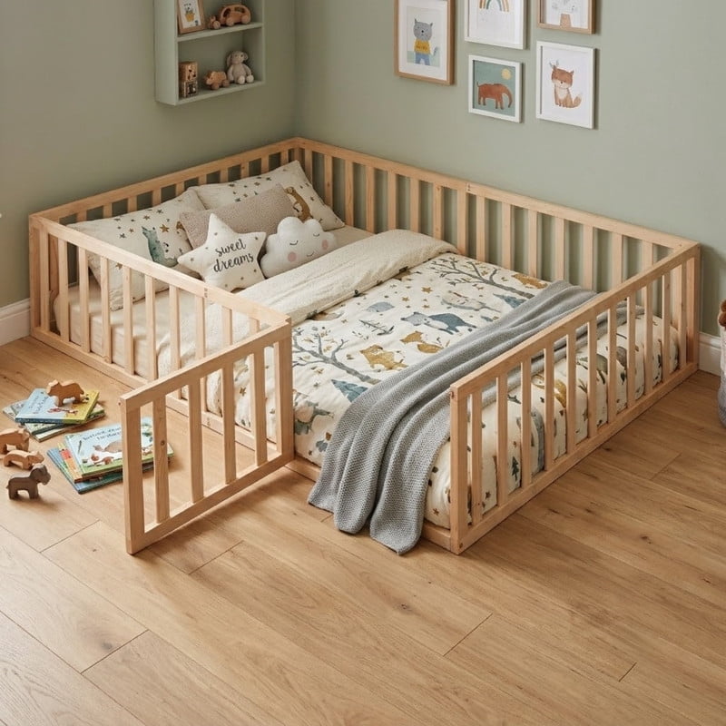 Full Size Floor Bed Platform Bed with Fence and Door, Wooden Montessori Bed Toddler Bed Kids Playhouse Bed with Guardrails for Boys Girls, No Slats
