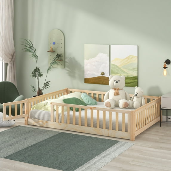 Full Size Floor Bed for Toddlers and Kids, Solid Wood Montessori Floor Bed with Safety Fence Rail and Small Door, Durable Montessori Bed Frame with Sturdy Slats Support for Boys and Girls, Natural