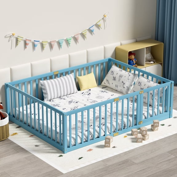 Full Size Floor Bed with 21.6" High Fence for Kids, Solid Wood Multifunctional Montessori Bed Frame with Door, Without Slats, Sky
