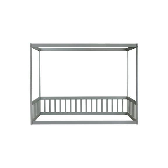 Full Size Floor Bed with Canopy Frame and Guardrails, Rubber Wood Construction, No Box Spring Needed, Grey