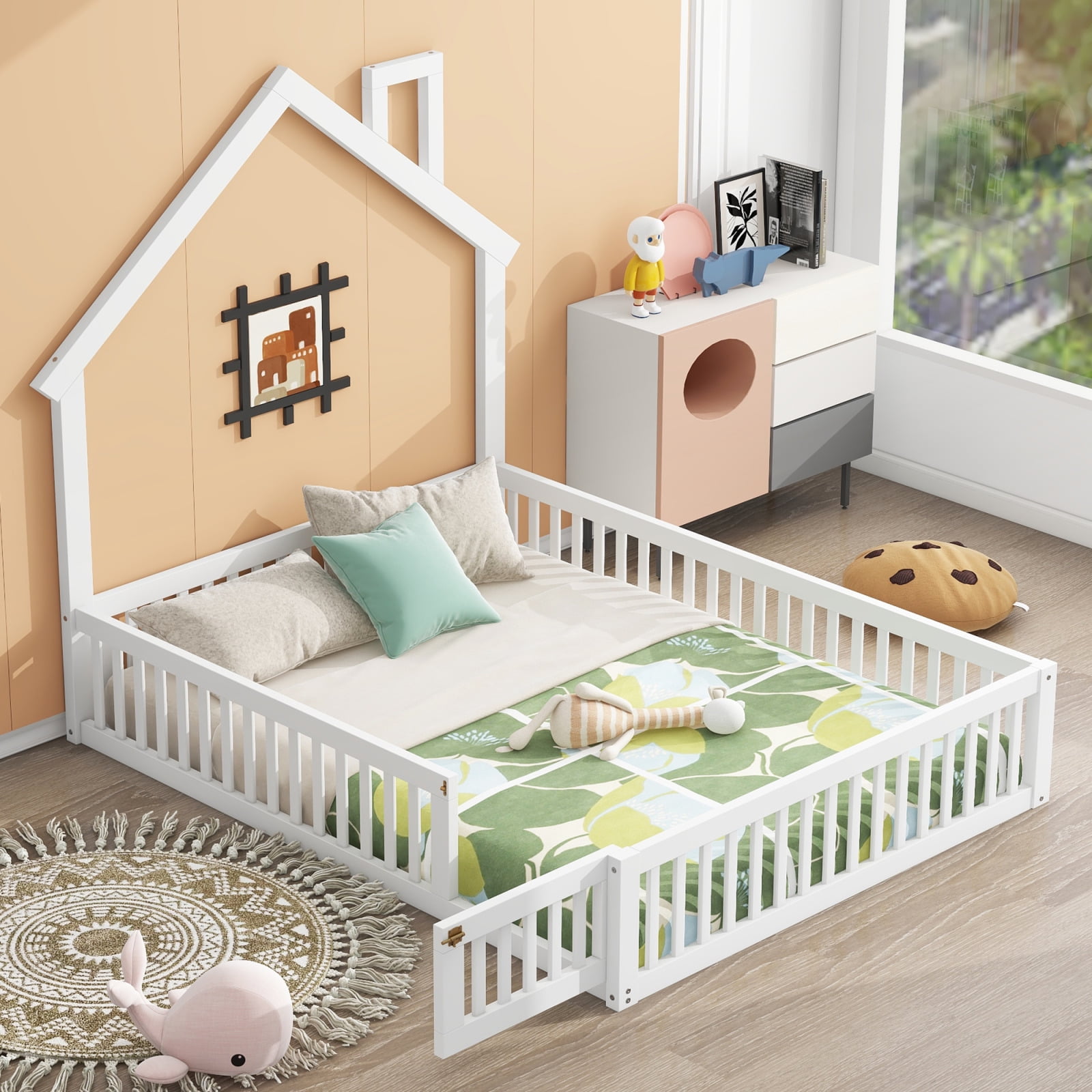 Full Size Floor Bed with Door and Slats,Montessori Floor Bed with Safety Guardrails,House Platform Bed for Girls and Boys,White