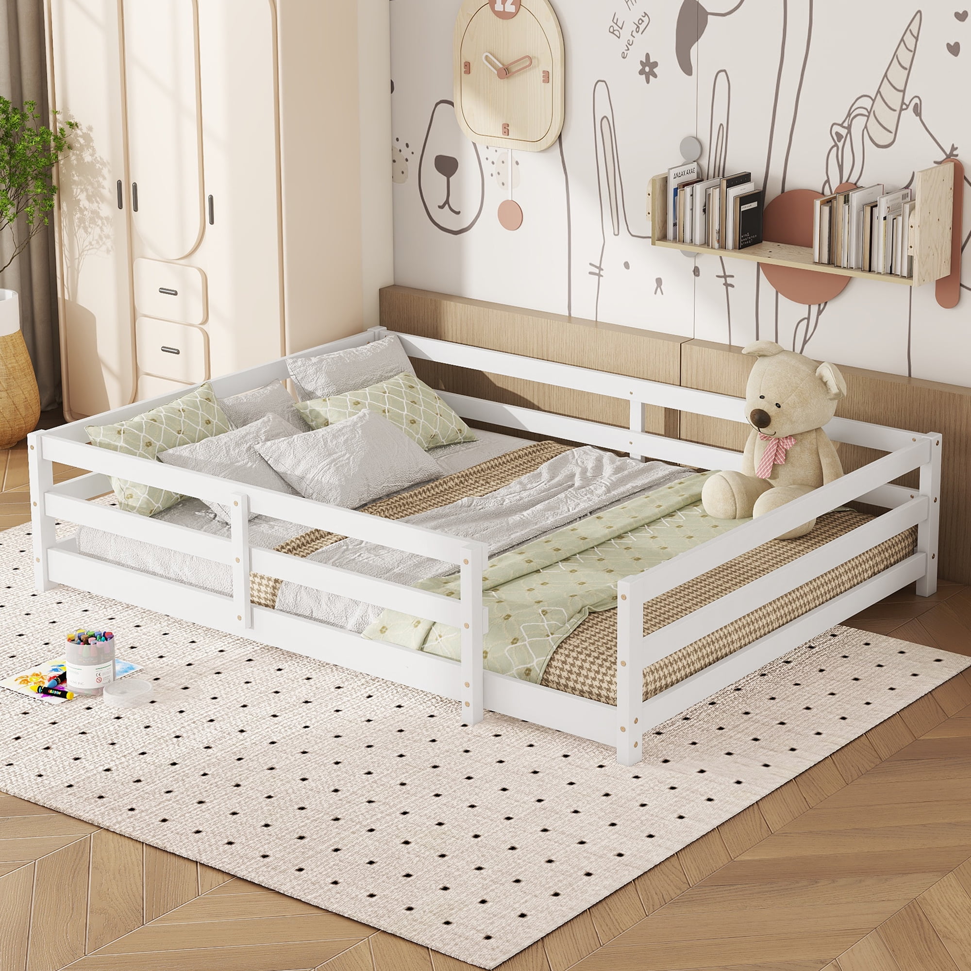Full Size Floor Bed with Fence, Wood Floor Bed, White