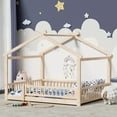 thumbnail image 1 of Full Size Floor Bed with Fence, Wood House Bed with Roof, Montessori Bed Frame Playhouse Bed for Girls and Boys Bedroom, Easy Assembly, Natural, 1 of 7