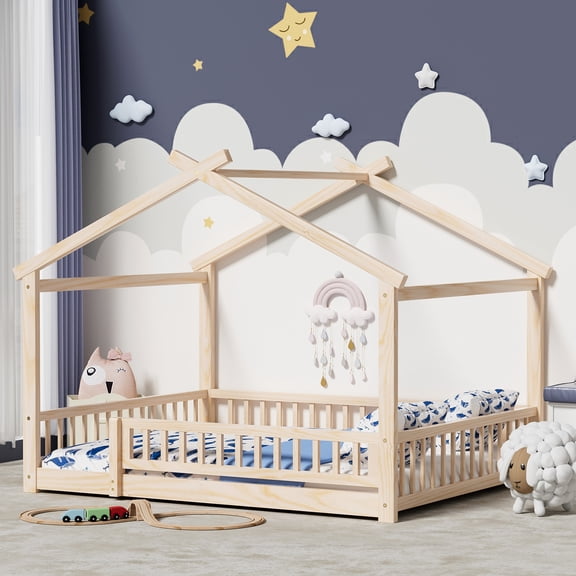 Full Size Floor Bed with Fence, Wood House Bed with Roof, Montessori Bed Frame Playhouse Bed for Girls and Boys Bedroom, Easy Assembly, Natural
