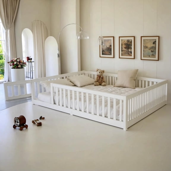 Full Size Floor Bed with Fence and Door,Rubber Wood Floor Bed w/Safety Guardrails/Near The Ground,Easy to Assemble & No Box Spring Needed, White