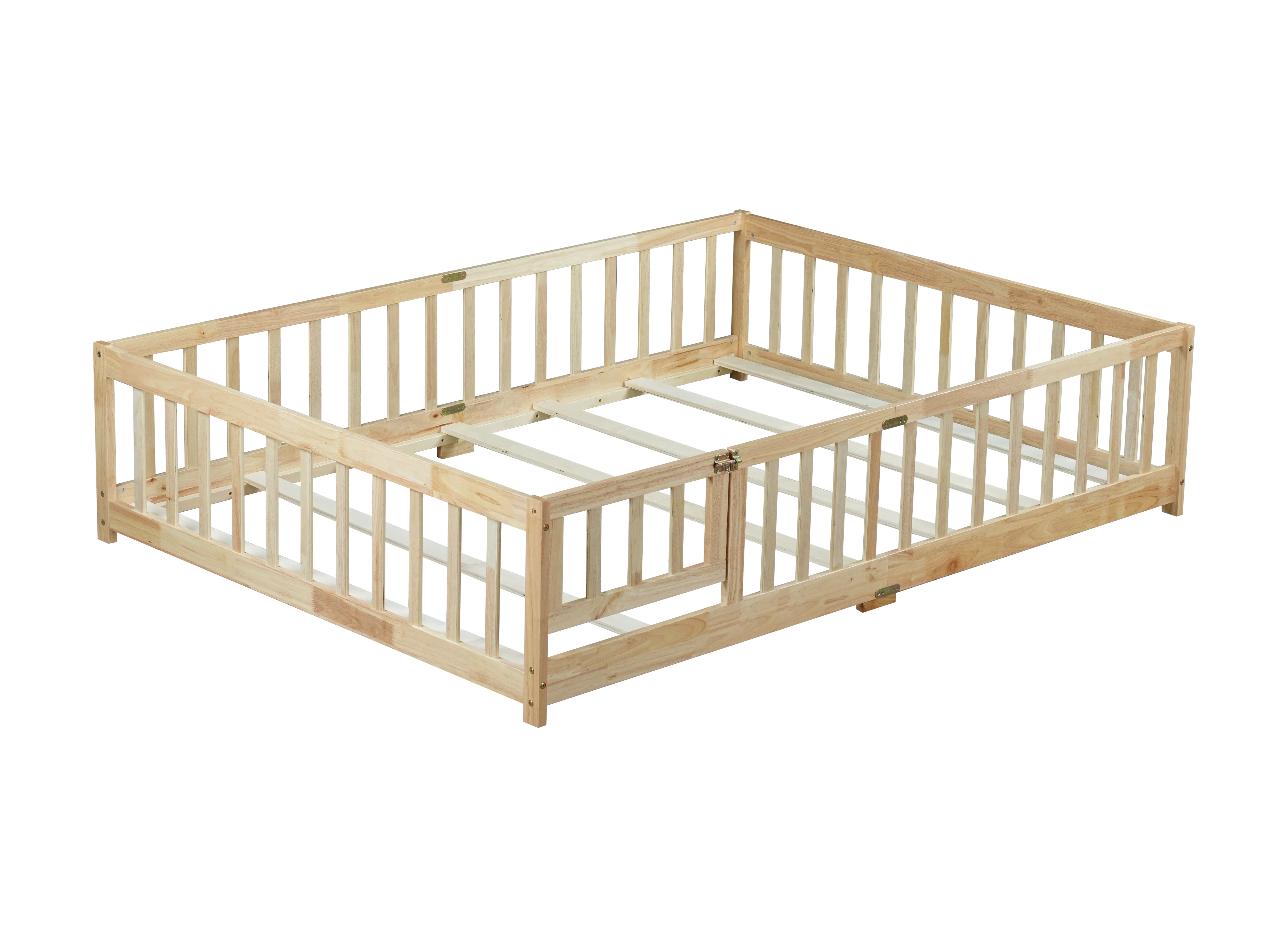 Full Size Floor Bed with Fence and Door, Rubber Wood Floor Bed with Safety Guardrails, Natural