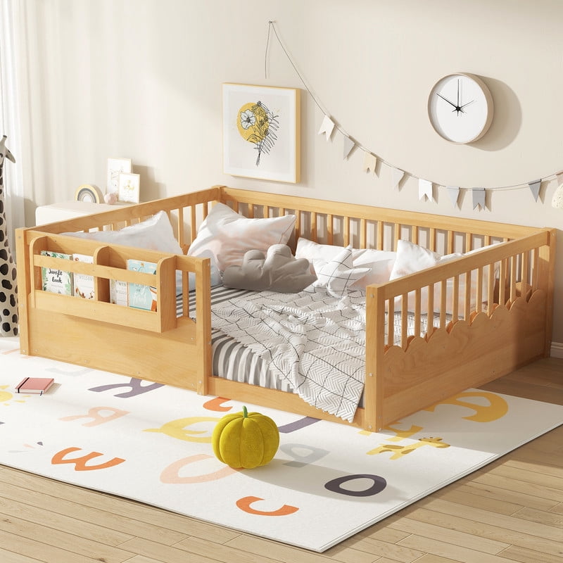 Full Size Floor Bed with Heightened Fence, Kids Platform Bed Frame with No Slat, Montessori Storage Bed with Bookshelf
