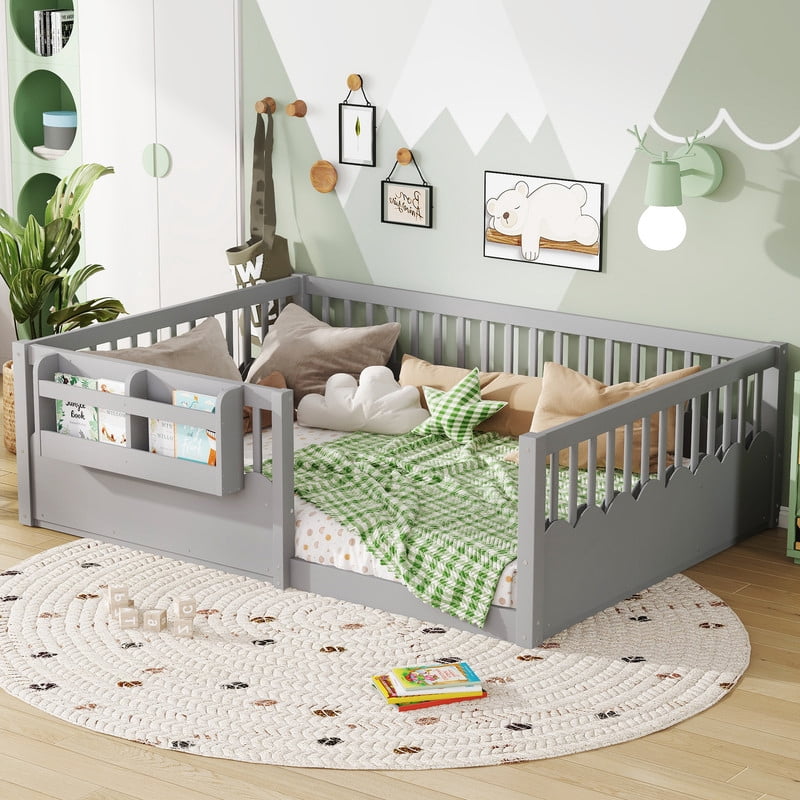 Full Size Floor Bed with Heightened Fence, Kids Platform Bed Frame with No Slat, Montessori Storage Bed with Bookshelf