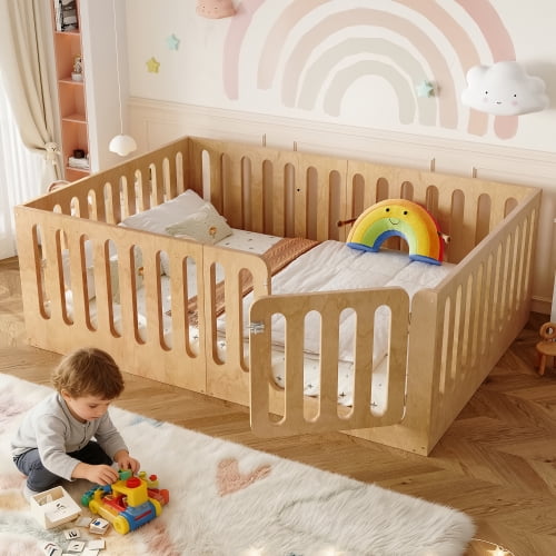 Full Size Floor Bed with High Fence for Kids, Solid Wood Montessori Bed with Door, Low-profile and No Box Spring Needed Design
