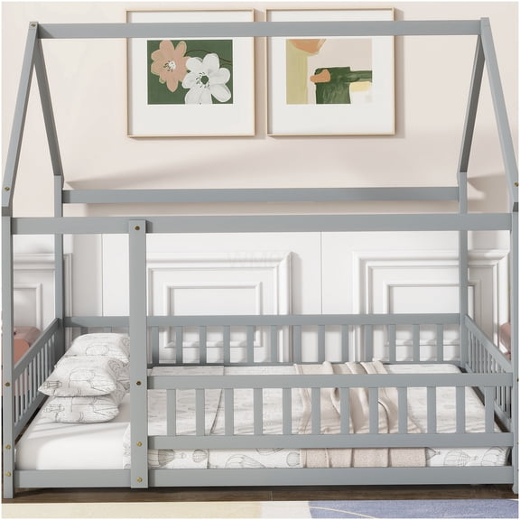 Full Size Floor Bed with House Roof Frame & Safety Rails, Low Profile Platform Bed Frame in Grey